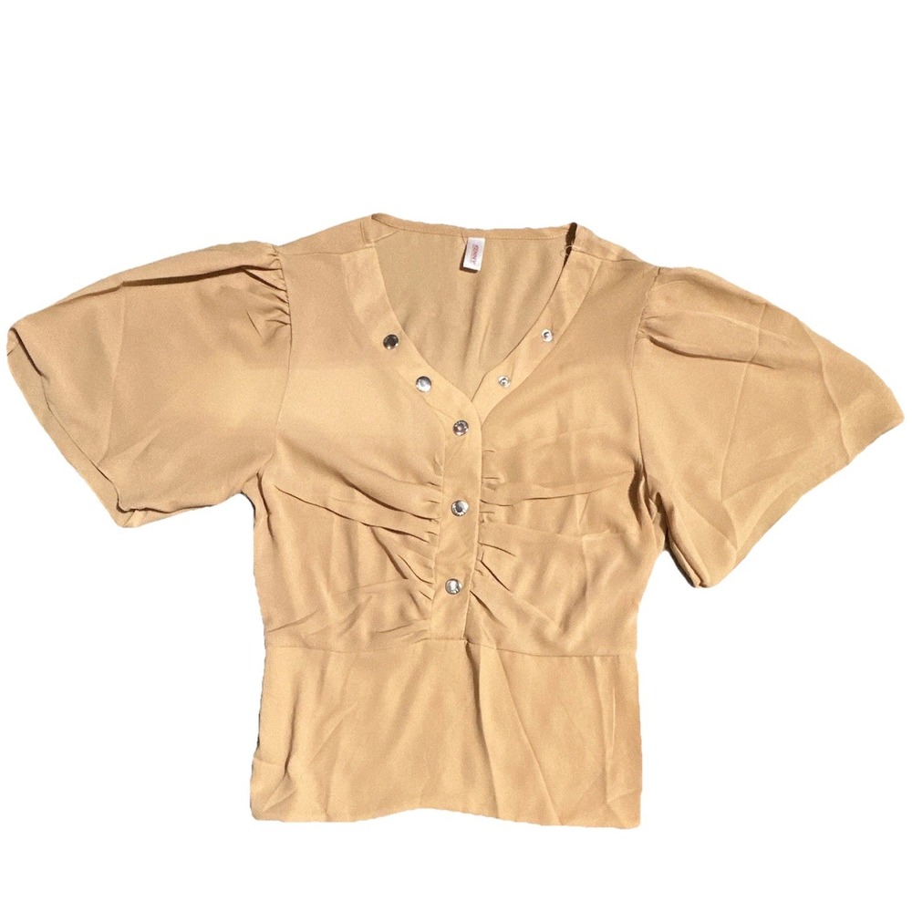 Women's Tan Solid V-Neck Puff Short Sleeve Smocked Button Blouse XS